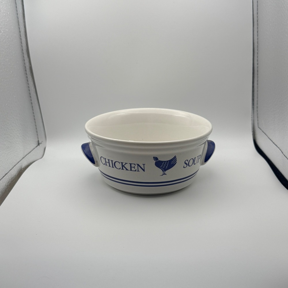 Vintage 1986 FTDA Chicken Soup Ceramic Bowl Blue White Hen Crock with Handles